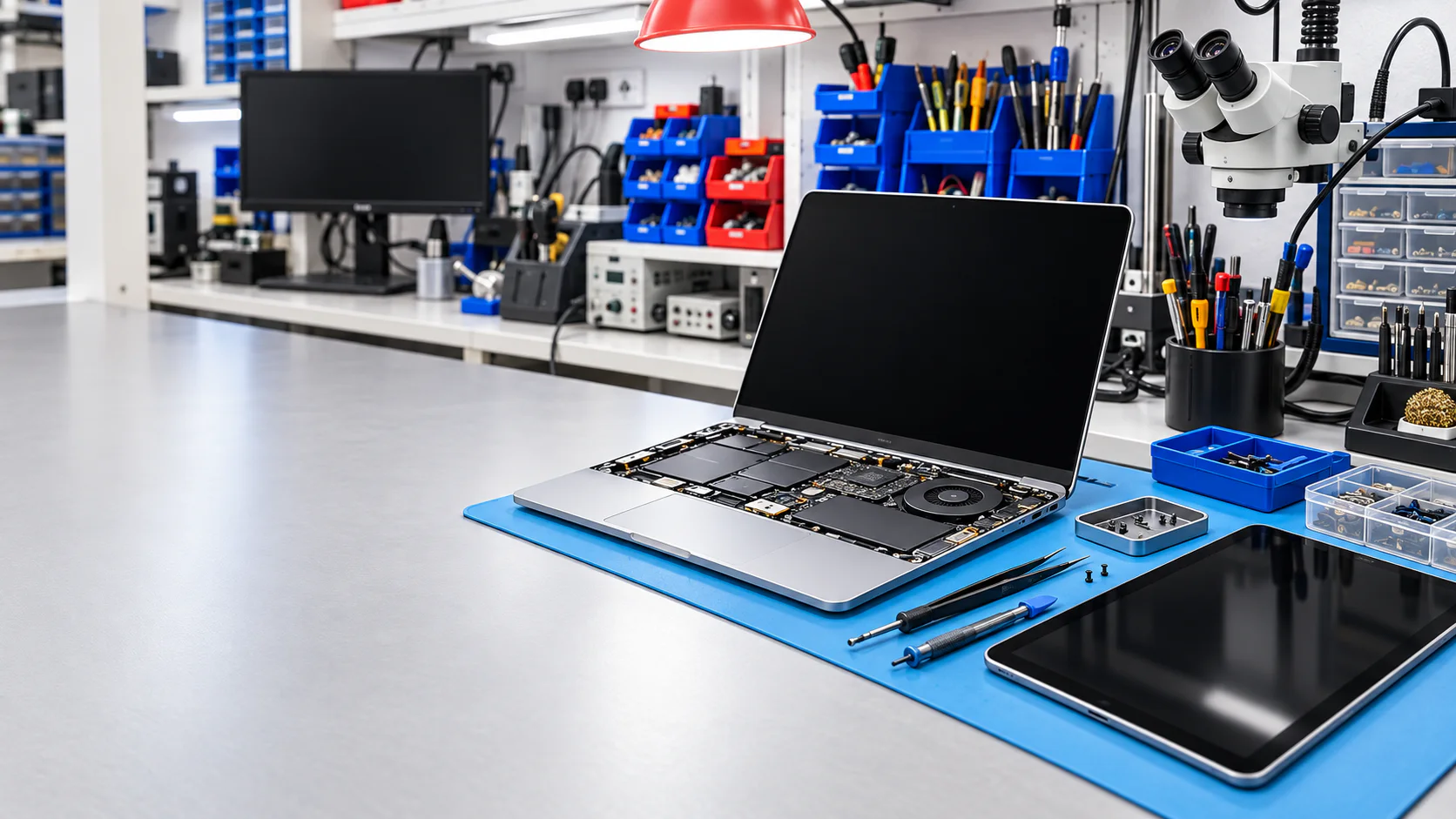 Portátil y tablet Apple en un banco técnico profesional