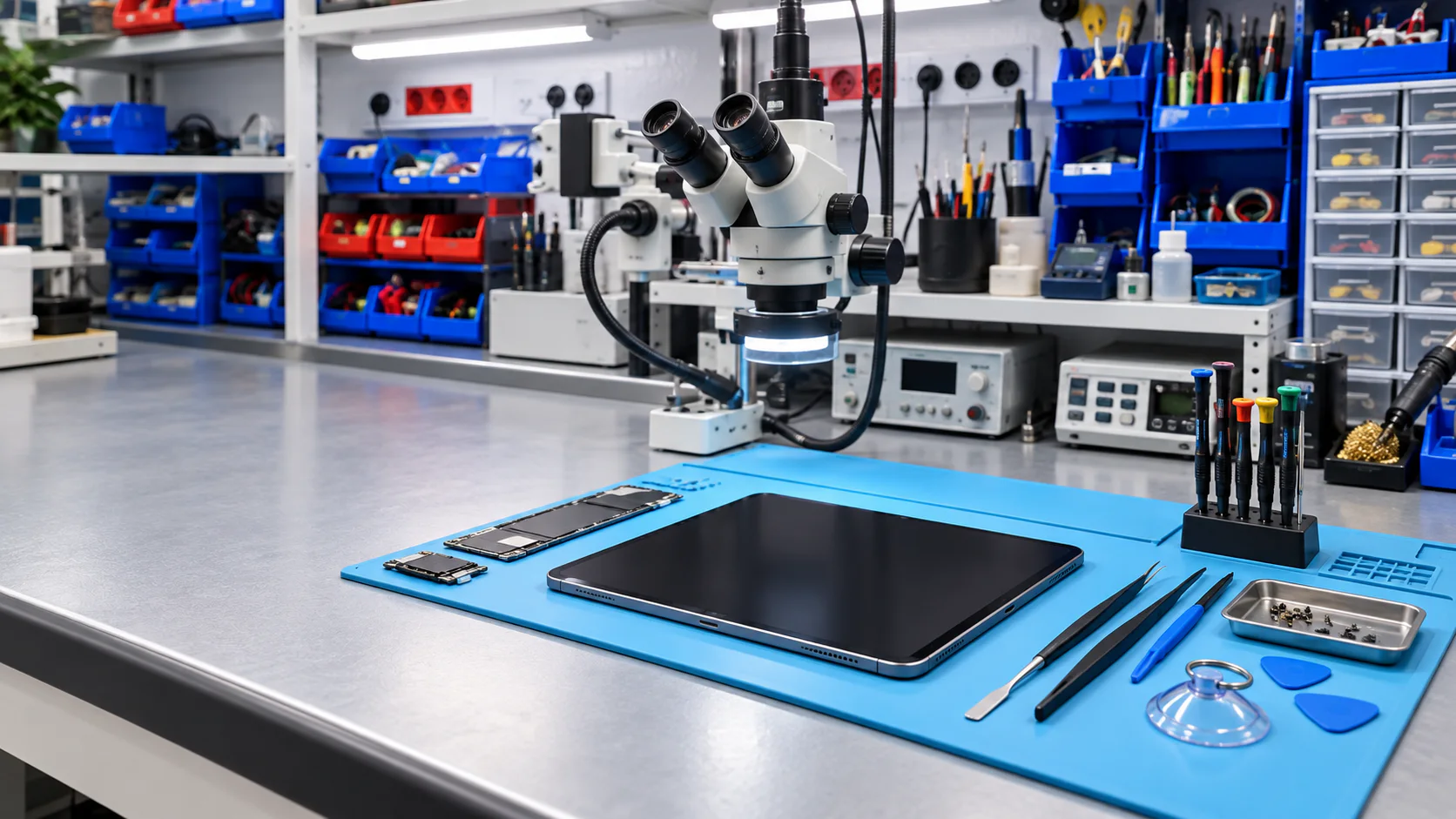 Tablet preparada para diagnóstico técnico en banco de reparación