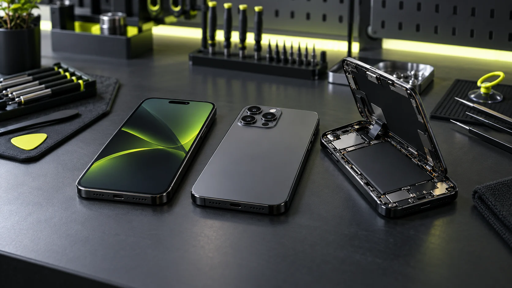 Smartphones completos y abierto en un banco técnico profesional
