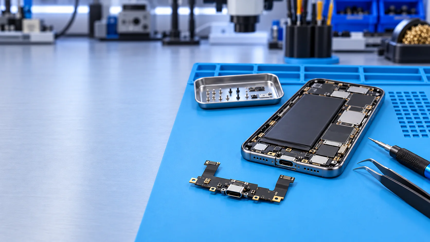Smartphone durante una revisión técnica del conector de carga