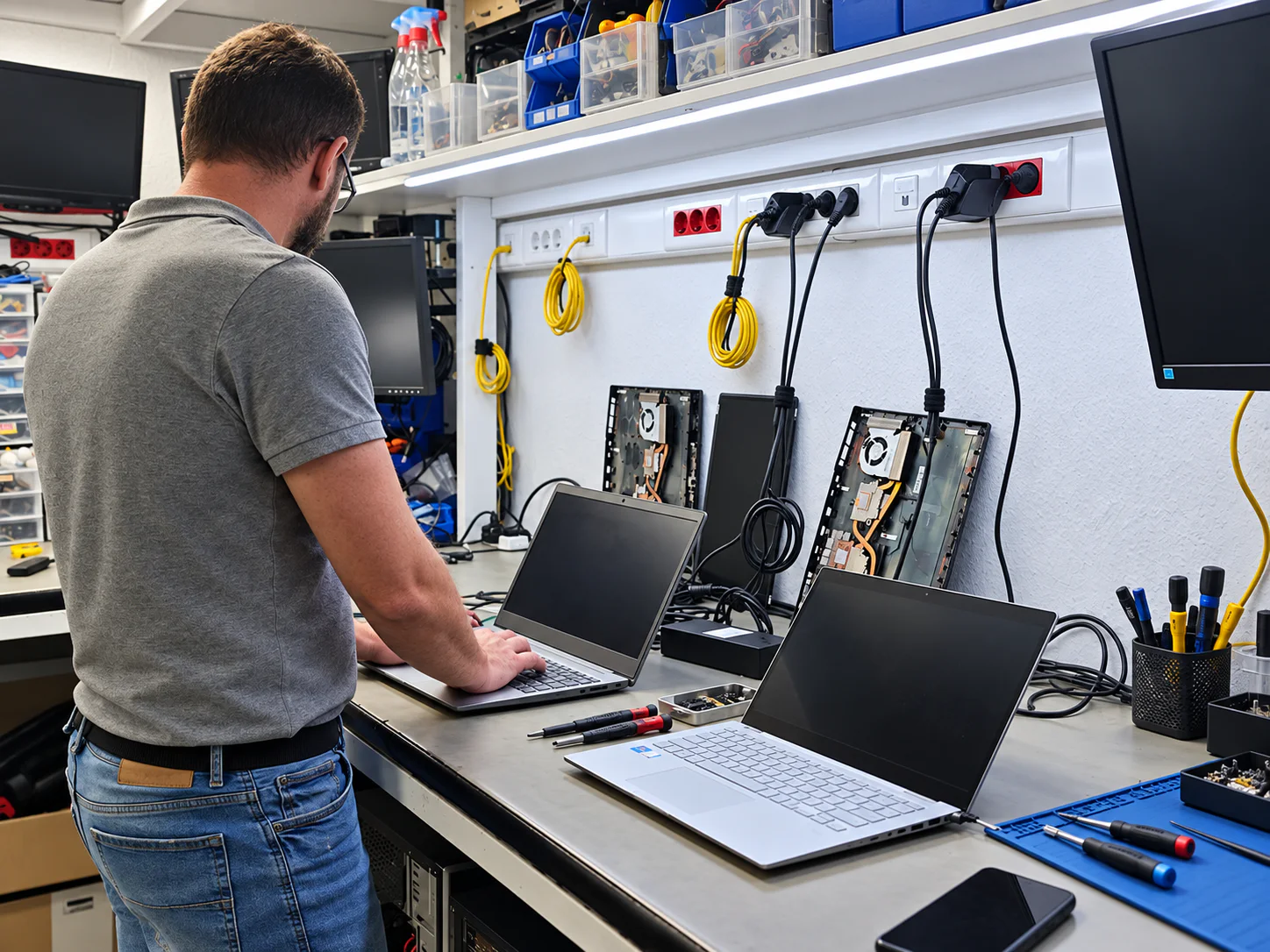 Técnico trabajando en la reparación de un portátil en banco profesional